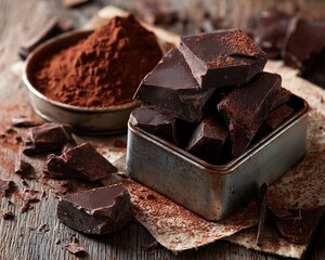 A close up of dark chocolate chunks in a metal container with cocoa powder on a wooden surface