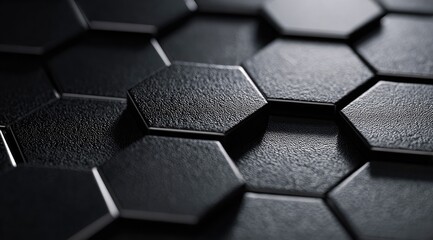 Close-up of a repeating pattern of dark, textured hexagons, creating a sense of depth and three-dimensionality.  The hexagons appear slightly raised, with subtle light reflections