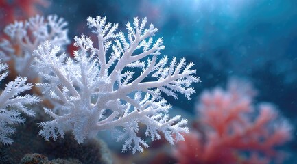 A detailed close-up showcases a delicate, white coral structure,