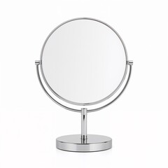 "Sleek Chrome Vanity Mirror with Minimalist Design and Polished Stand"