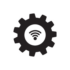A minimalist black and white icon design of a gear wheel with a WiFi symbol integrated into its center. 