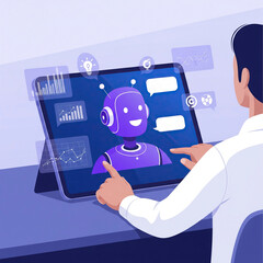 Man using a digital tablet to communicate with an ai assistant for business analytics and innovative solutions.