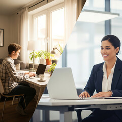 Modern professional individuals engaged in diverse work environments highlighting flexibility and balance.