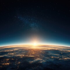 Naklejka premium Sunrise over Earth from space, city lights (1)