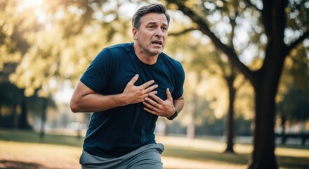 Fototapeta premium Man experiencing sudden chest pain while running in a park, clutching his chest in discomfort.