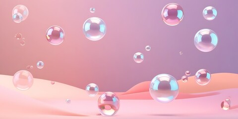 Abstract 3D illustration of glossy pastel bubbles floating in soft gradient tones of pink and purple, ideal for modern design, beauty concept, or minimal dreamy background


