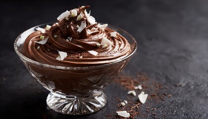 Chocolate mousse dessert in a glass bowl with coconut flakes on a dark textured background