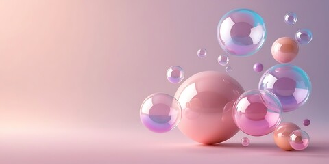 Abstract 3D illustration of glossy pastel bubbles floating in soft gradient tones of pink and purple, ideal for modern design, beauty concept, or minimal dreamy background


