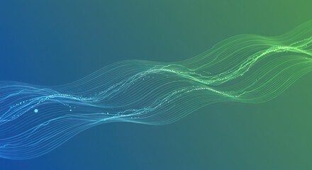 Abstract blue green wave lines with light particle decoration background
