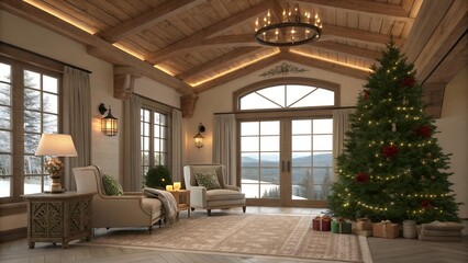 Fototapeta premium Countryside Luxury Living Room with Christmas Tree and Wood-Beamed Ceiling