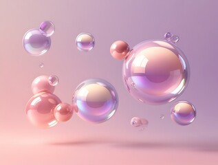 Abstract 3D illustration of glossy pastel bubbles floating in soft gradient tones of pink and purple, ideal for modern design, beauty concept, or minimal dreamy background

