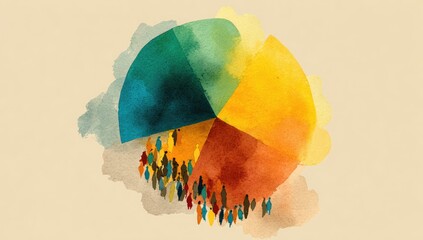 A watercolor pie chart depicting diverse groups of people, each represented by a different color section, suggesting diversity and demographic segmentation