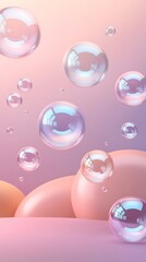 Abstract 3D illustration of glossy pastel bubbles floating in soft gradient tones of pink and purple, ideal for modern design, beauty concept, or minimal dreamy background

