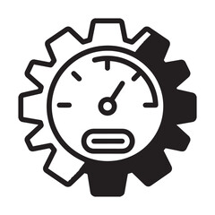 A minimalist black and white icon design of a speedometer with gear elements.