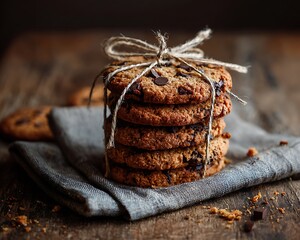 Stack of chocolate chip cookies tied with twine on a gray cloth on a wooden surface in soft lighting