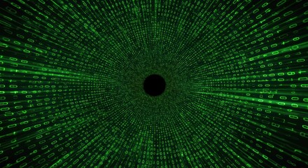 Abstract binary code tunnel in green tones, digital technology