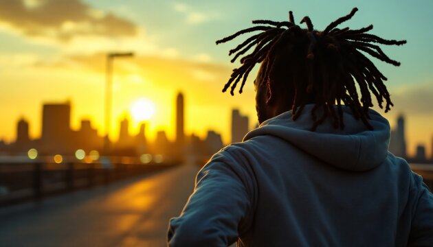 Silhouette of Man with Dreadlocks at Sunset Urban Cityscape Background