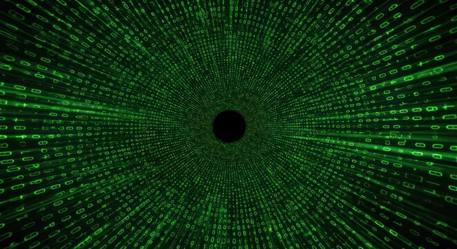 Abstract binary code tunnel in green tones, digital technology