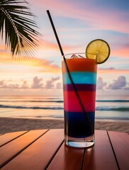 Vibrant tropical cocktail in a tall glass with colorful layers, garnished with lime, set against a stunning sunset beach view and palm trees, evoking summer relaxation vibes


