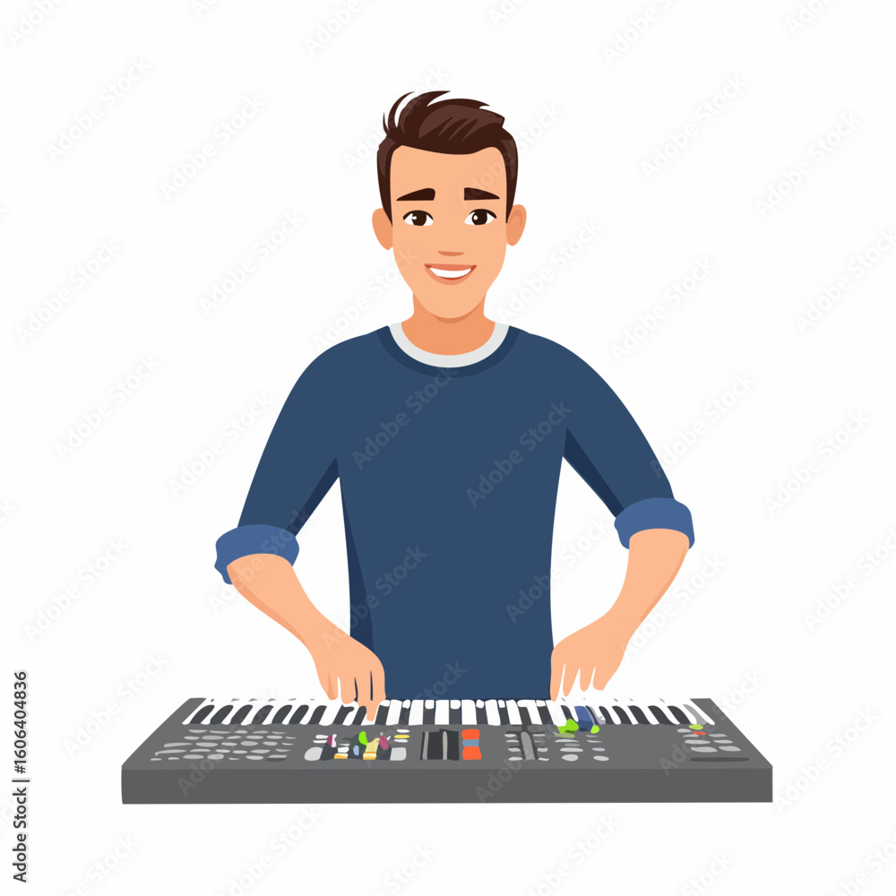 Poster Smiling Man Playing a Synthesizer Keyboard in a Studio Setting
