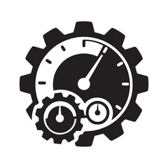 A minimalist black and white icon design of a speedometer with gear elements.