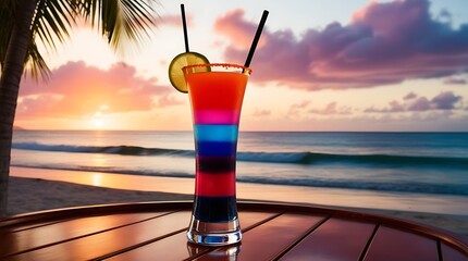 Vibrant tropical cocktail in a tall glass with colorful layers, garnished with lime, set against a stunning sunset beach view and palm trees, evoking summer relaxation vibes

