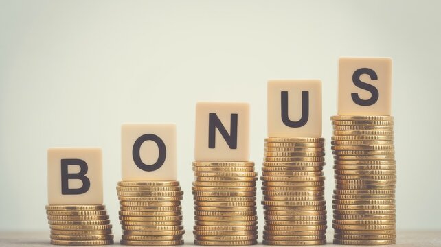 Stacked coins and letter tiles spelling out 'BONUS' in a rising graph formation signifying financial growth and rewards