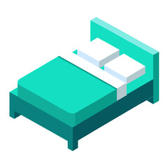 A double bed with white color two pillows and teal bedspread vector on white background.
