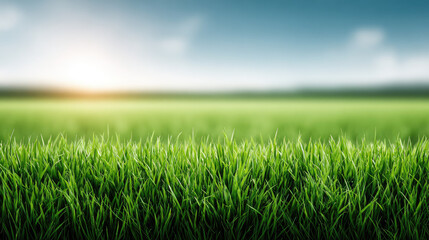Green grass field with sunlight and blue sky in background