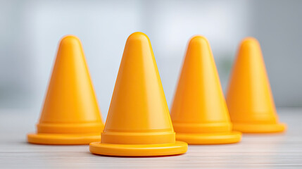 Orange traffic cones arranged in row on smooth surface