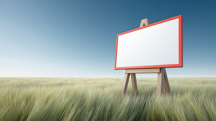 Blank signboard with red frame stands in green field under blue sky