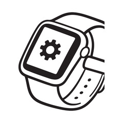 A minimalist black and white line art illustration of a smartwatch with a gear icon on its screen. 