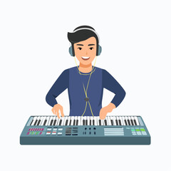 Happy Young Musician Playing Keyboard with Headphones