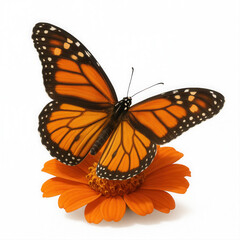 Vibrant monarch butterfly rests gracefully on a delicate orange zinnia flower, symbolizing nature's beauty.