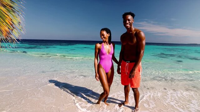 african american Couple enjoys tropical beach walk by crystal clear ocean waters