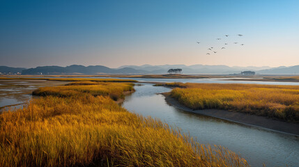 breathtaking panoramic view of Seocheon's natural landscape, highlighting the serene beauty of its wetlands during a tranquil time of day.