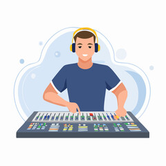 Man Mixing Music on Soundboard with Headphones Illustration