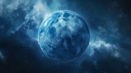 Obraz premium mysterious blue exoplanet surrounded by a vast, ethereal cosmic environment. The planet is characterized by swirling storms