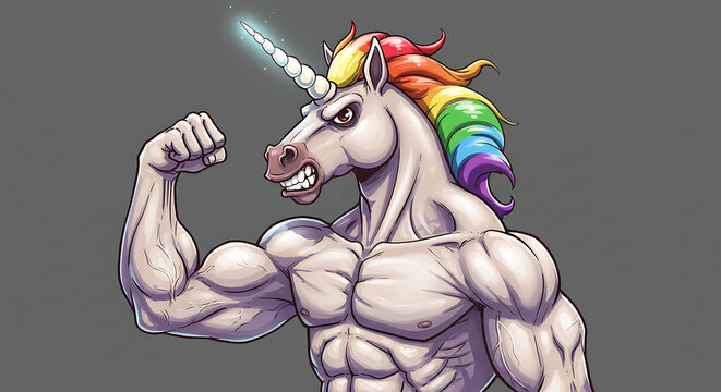 An intense unicorn muscle mascot with a colorful rainbow mane, flexing its powerful biceps. This strong and funny bodybuilder character is isolated on a flat background for easy use.