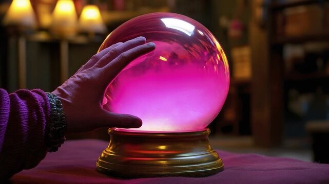 A hand reaches out to a glowing, pink crystal ball