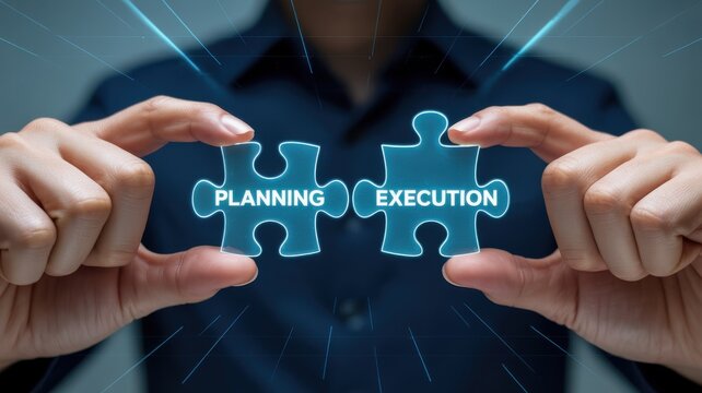 Business planning and execution concept with puzzle pieces held in hands symbolizing strategy and implementation