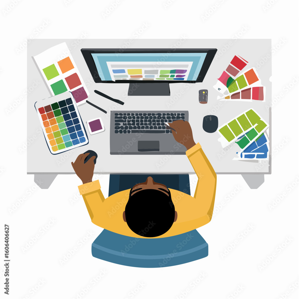Poster graphic designer working on computer with color palettes and tools
