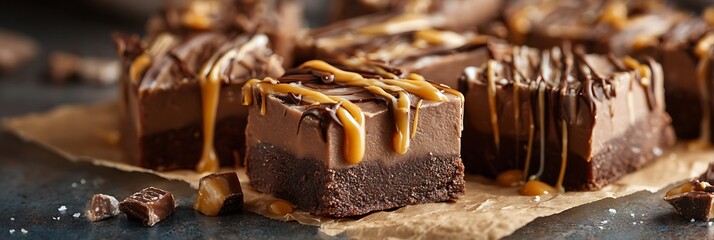 Close up of caramel drizzled chocolate fudge brownies on parchment paper with small pieces around