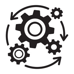 : A minimalist icon design featuring three interlocking gear wheels against a pure white background. 