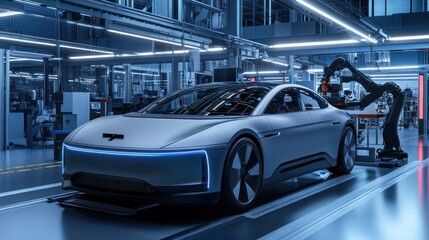 A sleek, silver electric car undergoes automated assembly on a modern, brightly lit factory production line. Robotic arms perform precision tasks