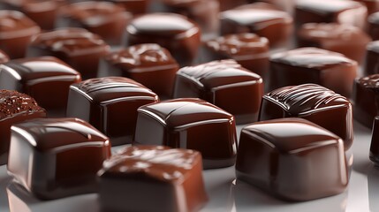 A close up view of an assortment of dark chocolates with a glossy and shiny finish on a white surface