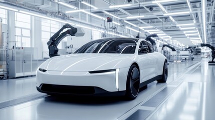 A sleek white electric car on a modern assembly line, surrounded by robotic arms in a bright, clean factory