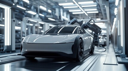 A sleek, white electric car undergoes automated assembly on a factory production line, within a modern, brightly lit industrial facility.