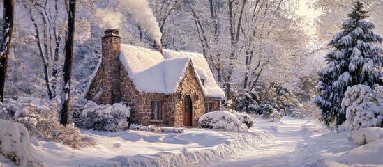 A snow-covered stone cottage, smoke rising from its chimney, sits amidst a winter wonderland of snow-laden trees and a quiet, snow-drifted road