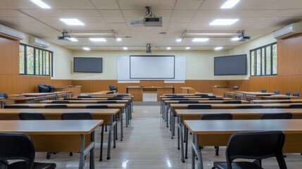 A spacious, well-lit lecture hall with rows of desks and chairs facing a projection screen and podium, suggesting a modern educational setting.  Windows provide natural light